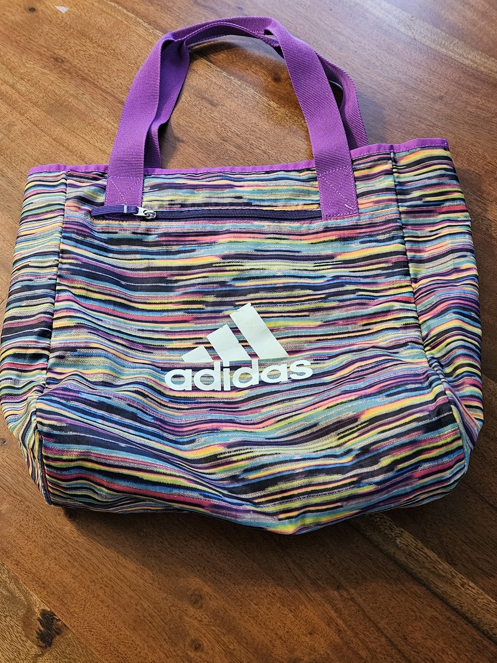 Adidas Reversible Multicolor Striped Tote Bag with Purple Handles